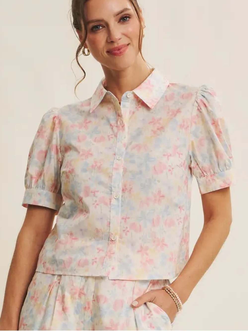 815 Pastel Watercolor Bloom Gentle Drape Button-Down Shirt - M - NWT